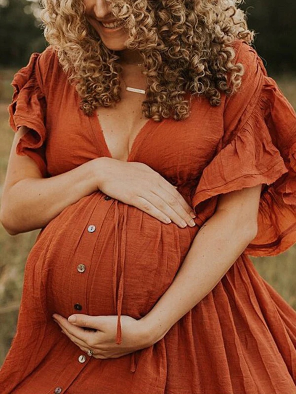 Rust Orange Maternity Button-Front Maxi Dress ruffle sleeve boho